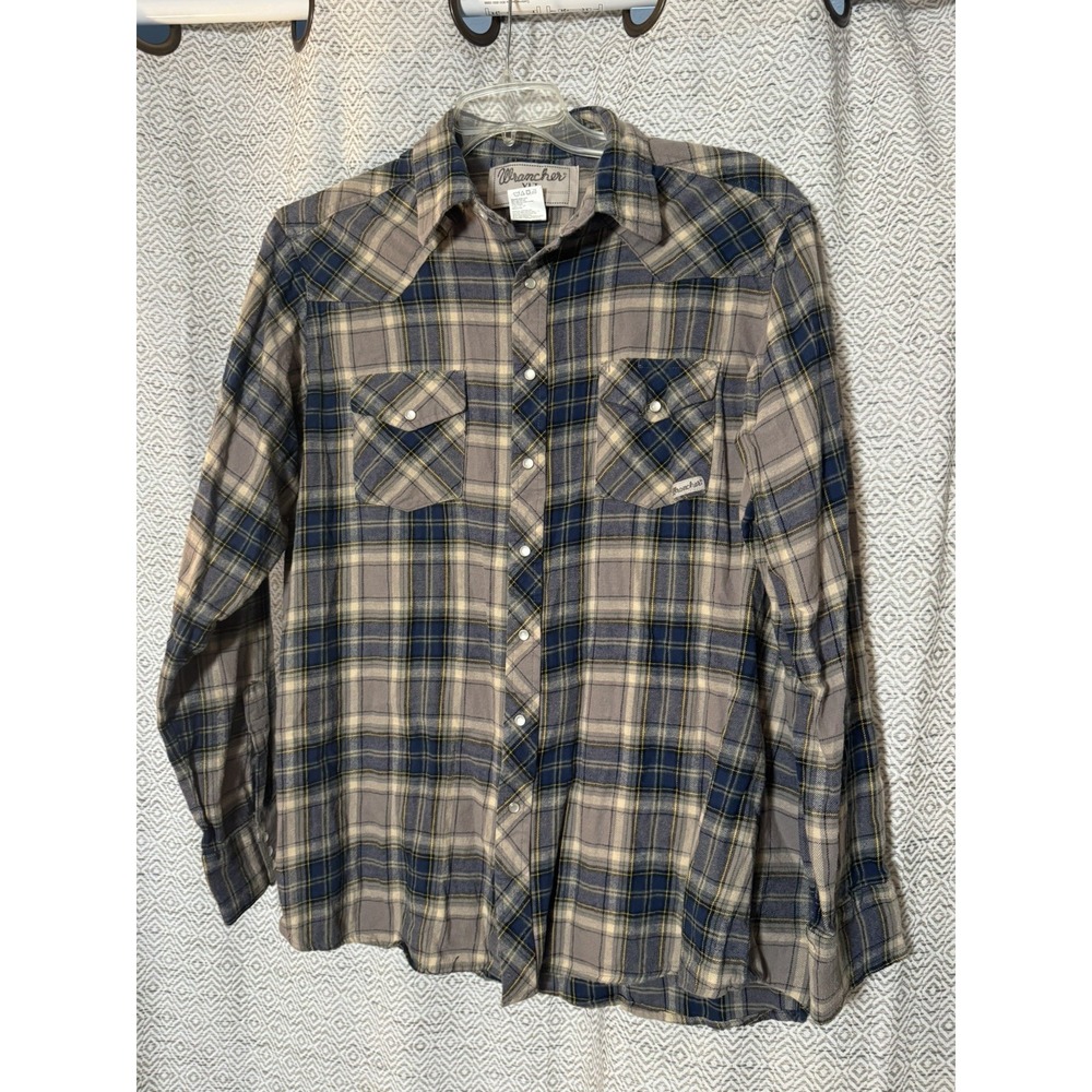 Wrangler Wrancher Blue Gray Pearl Snap Plaid Flannel Long Sleeve XLT